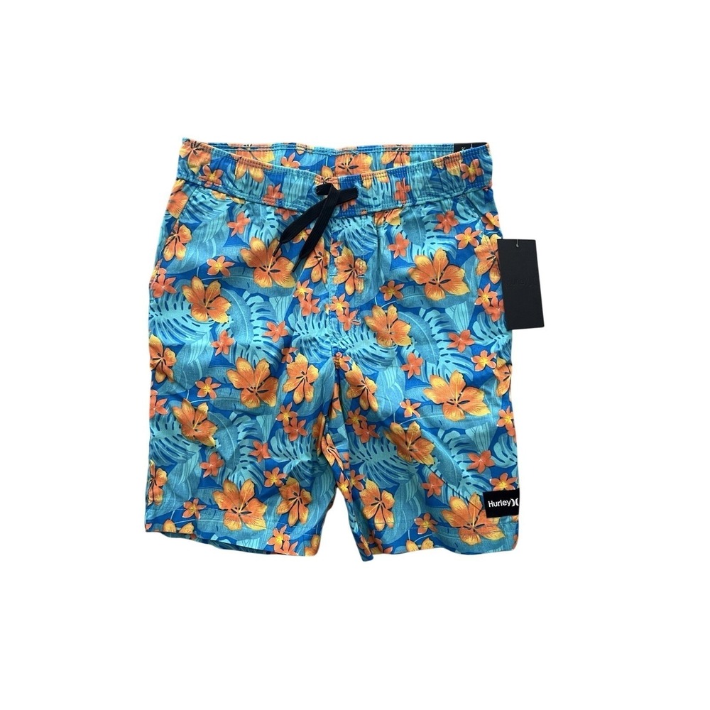 Hurley Boys Board Shorts Swim Trunks Blue Floral Hawiian Youth Small 8/10 Years